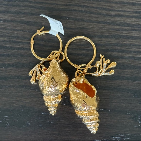 NWT Oscar de la Renta 24K-Gold-Plated & Crystal Shell Hoop Drop Earrings - Picture 8 of 8